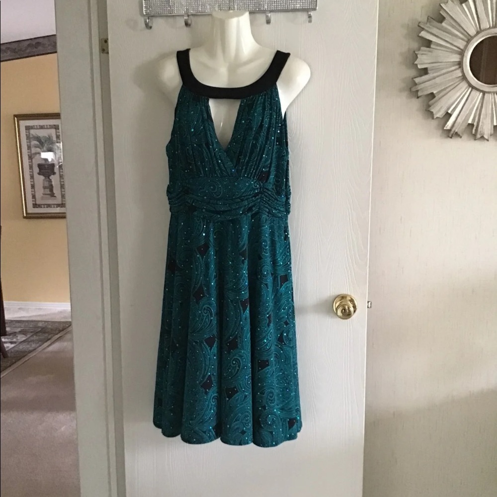 R&M Richards Petite 16 green black dress w/ bling